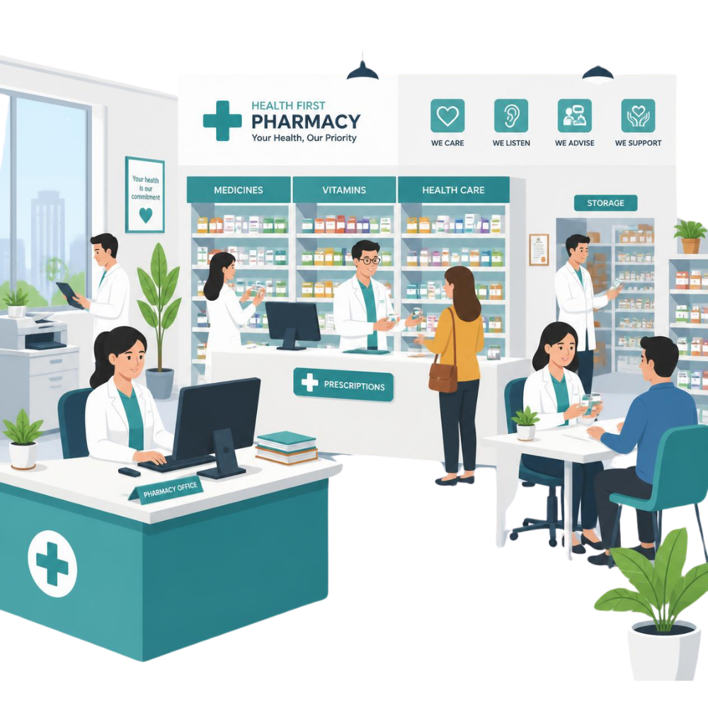 Eczane ekibi danışma masasında hastayla ilgileniyor